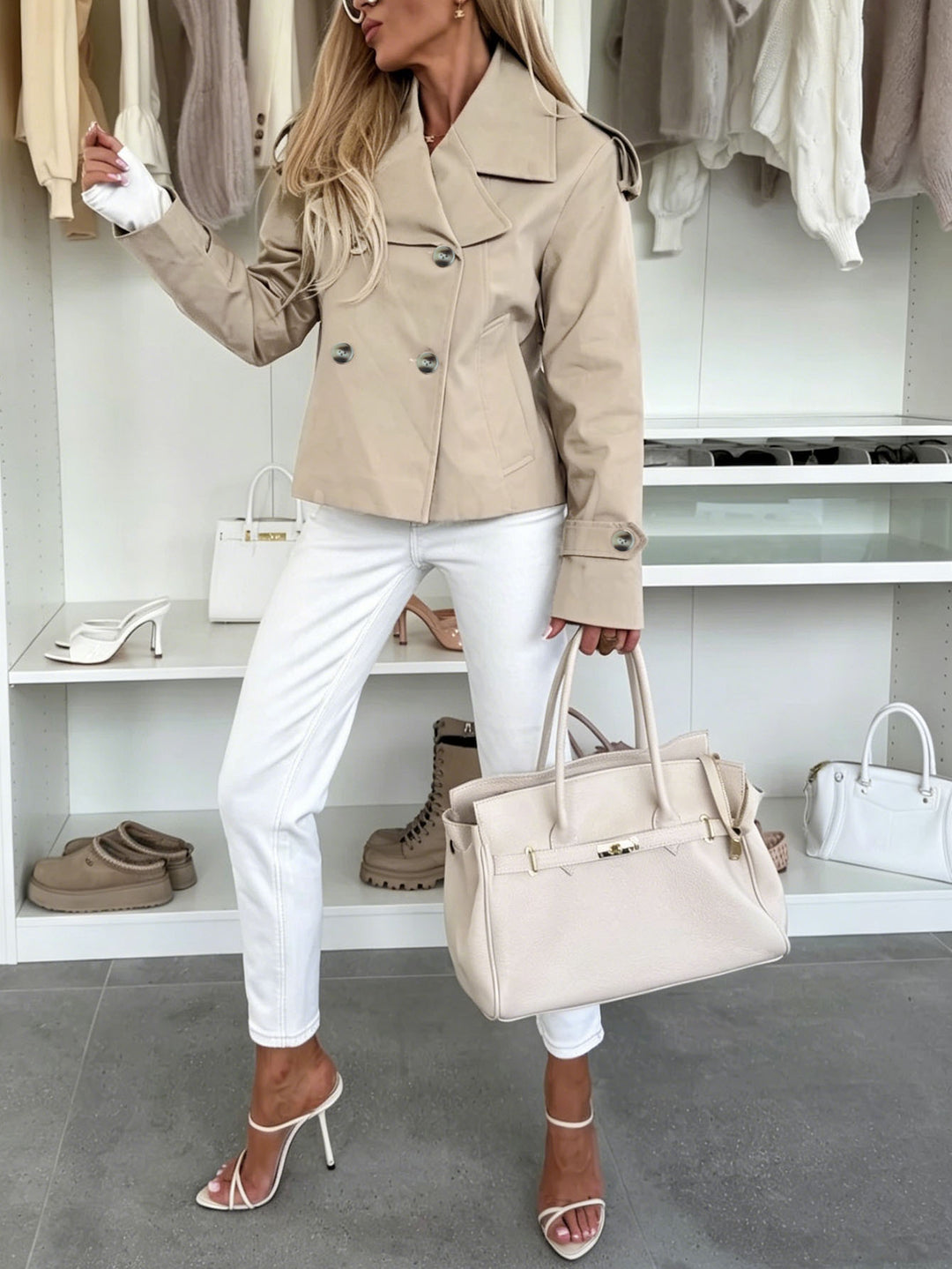 Damen Kurz geschnittener Doppelreihiger Trenchcoat mit Schulterklappen Shop Nory