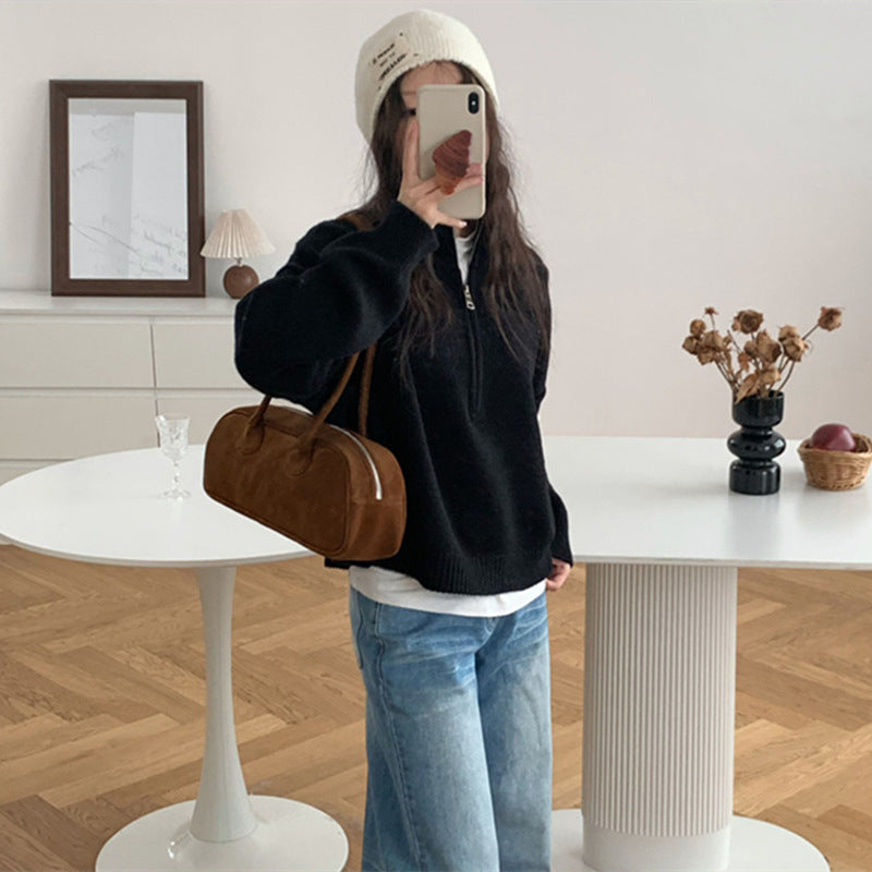 Damen lässiger Pullover mit kurzem Reißverschluss und entspannter Passform Shopnory