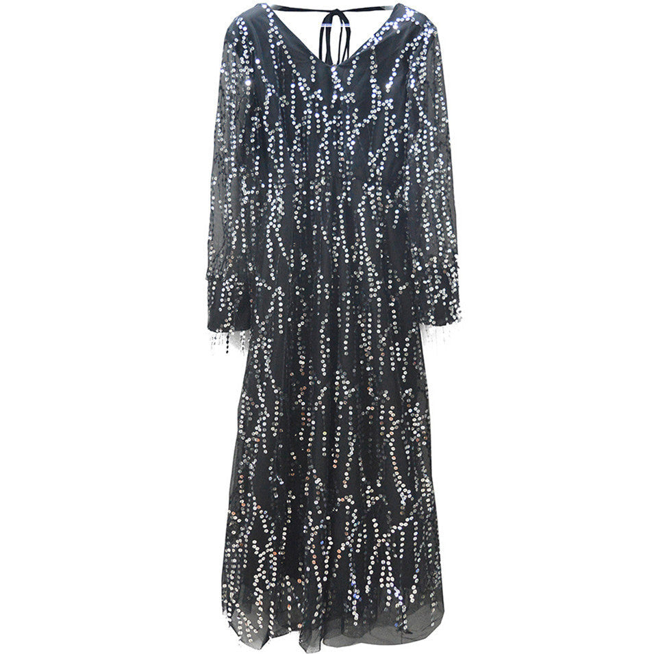 Damen Festliches Maxikleid mit funkelndem Paillettenbesatz und transparenten Ärmeln