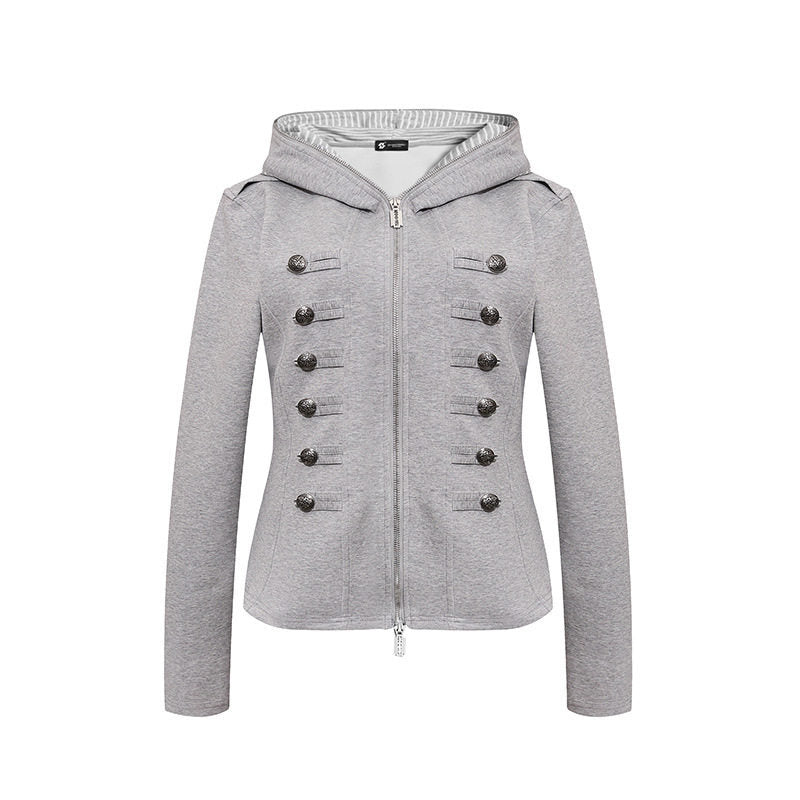 Damen taillierte Kapuzen‑Sweatjacke mit dekorischer Doppelreihe und Metallknöpfen Shop Nory