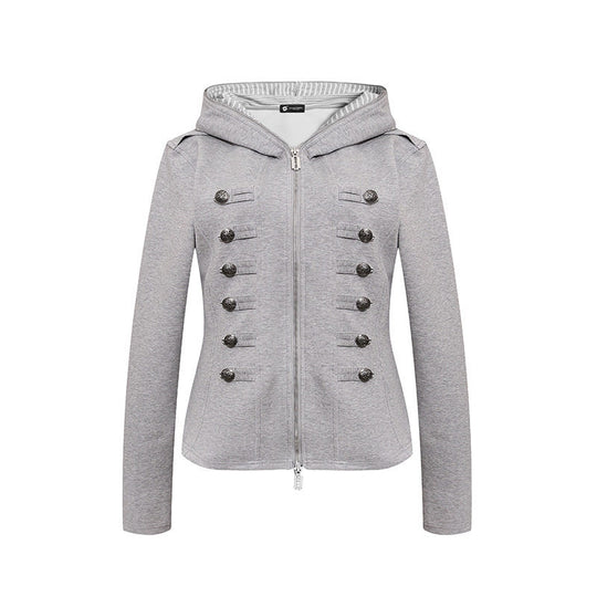 Damen taillierte Kapuzen‑Sweatjacke mit dekorischer Doppelreihe und Metallknöpfen Shop Nory