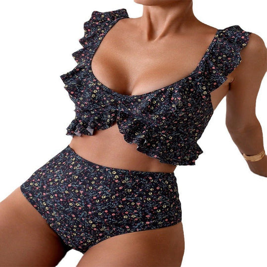Damen Hochgeschnittener Bikini mit floralem Rüschendesign
