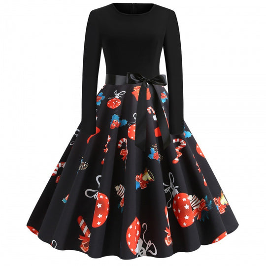 Damen Retro Swingkleid mit Jersey‑Oberteil, taillierter Satin‑Schärpe und festlichem Print Shop Nory