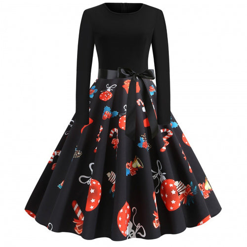 Damen Retro Swingkleid mit Jersey‑Oberteil, taillierter Satin‑Schärpe und festlichem Print Shop Nory
