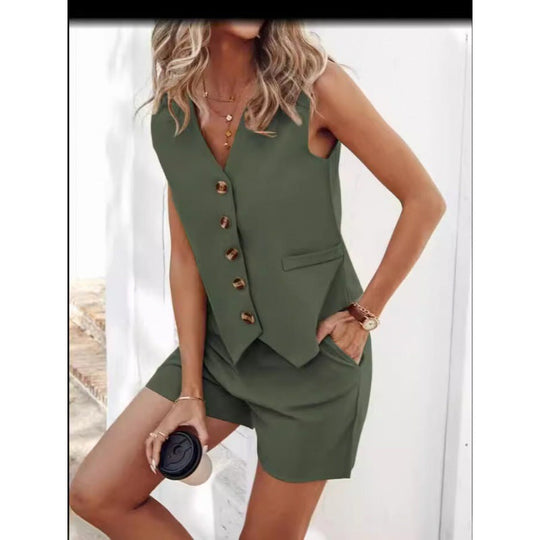 Damen modernes Weste-Hosen-Set mit Knopfdetails