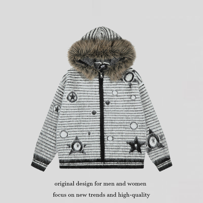 Damen Kapuzen-Strickjacke mit Fellbesatz, gestreifter Mohair‑Optik und Sternapplikationen Shop Nory