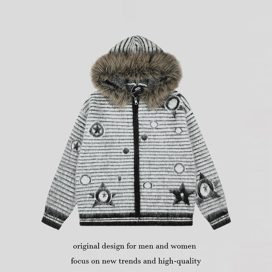Damen Kapuzen-Strickjacke mit Fellbesatz, gestreifter Mohair‑Optik und Sternapplikationen Shop Nory