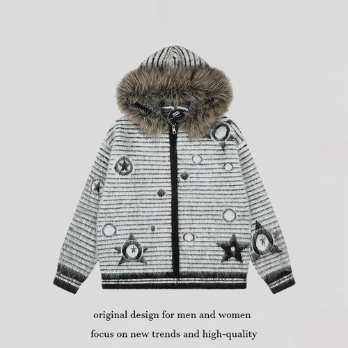 Damen Kapuzen-Strickjacke mit Fellbesatz, gestreifter Mohair‑Optik und Sternapplikationen Shop Nory