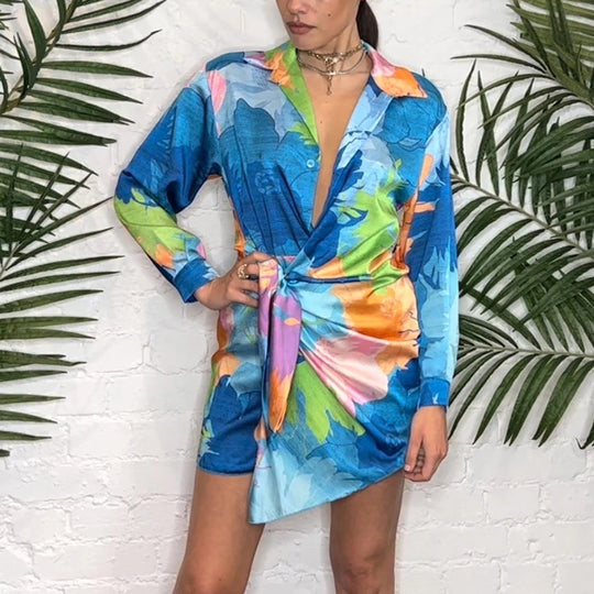 Damen Wickel-Mini-Kleid aus Satin mit tropischem Aquarell-Print Shop Nory