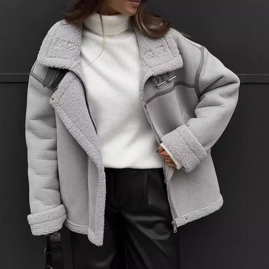 Damen Weit geschnittene Lammfellimitat-Fliegerjacke mit Kunstfellfutter Shop Nory