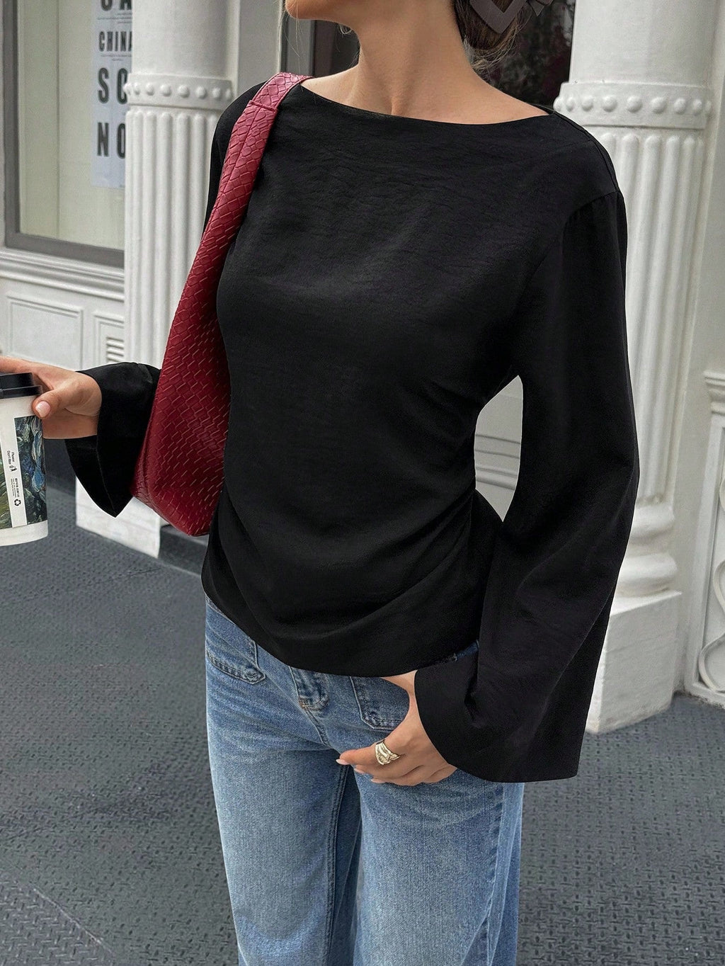 Damen elegantes Oberteil mit weitem Ärmel und schickem Bund