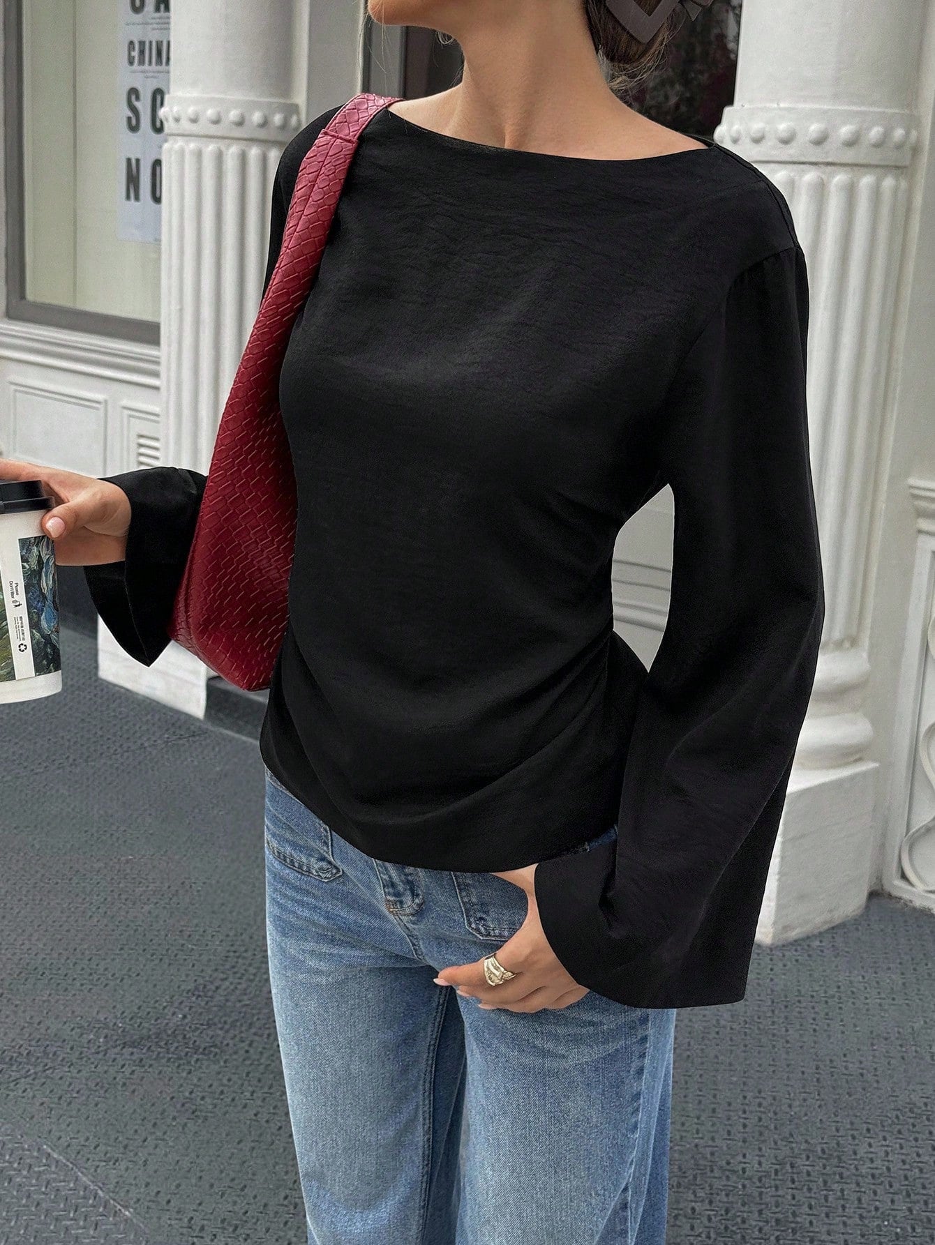 Damen elegantes Oberteil mit weitem Ärmel und schickem Bund
