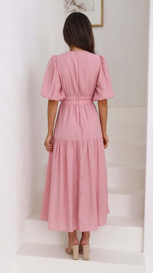 Damen Maxikleid mit tiefem V-Ausschnitt und schwingendem Rock