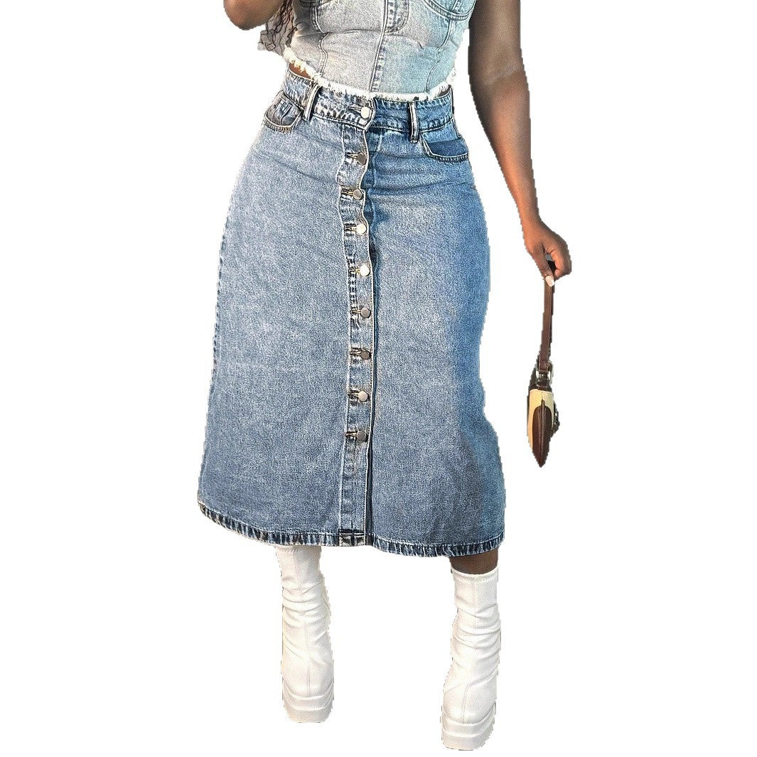 Damen Midirock aus Denim mit durchgehender Knopfleiste und taillenhohem A-Linien-Schnitt Shop Nory