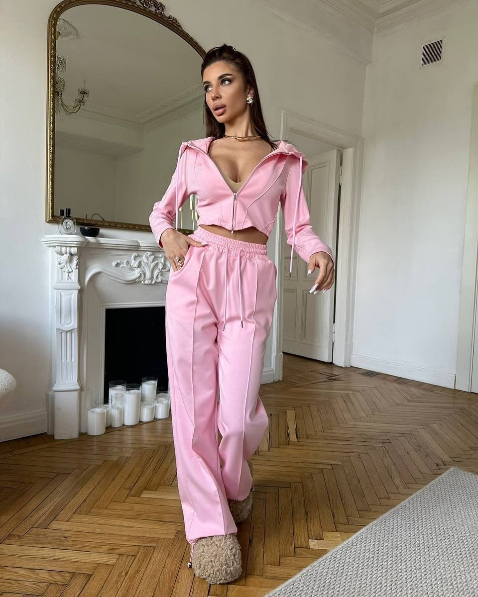 Damen tailliertes Cropped-Kapuzensweatshirt mit verdecktem Reißverschluss und High-Waist Wide-Leg Jogginghose Set Shop Nory