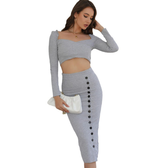 Damen Zweiteiliges Strickset mit Cropped-Top und tailliertem Midirock mit Zierknopfleiste Shop Nory