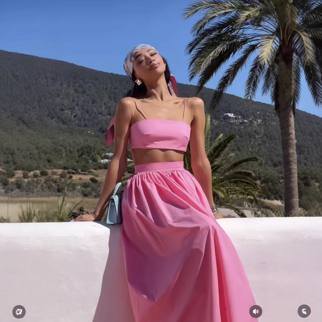 Damen Set aus Crop-Top und Maxirock mit elegantem Rüschendesign