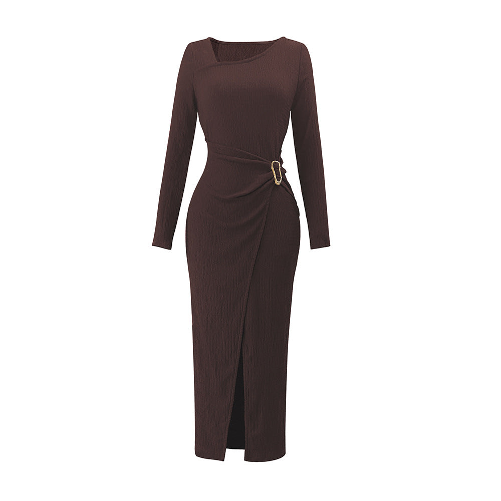 Damen asymmetrisches Wickel-Midikleid mit Ziergürtel, Drapierung und hohem Beinschlitz Shop Nory
