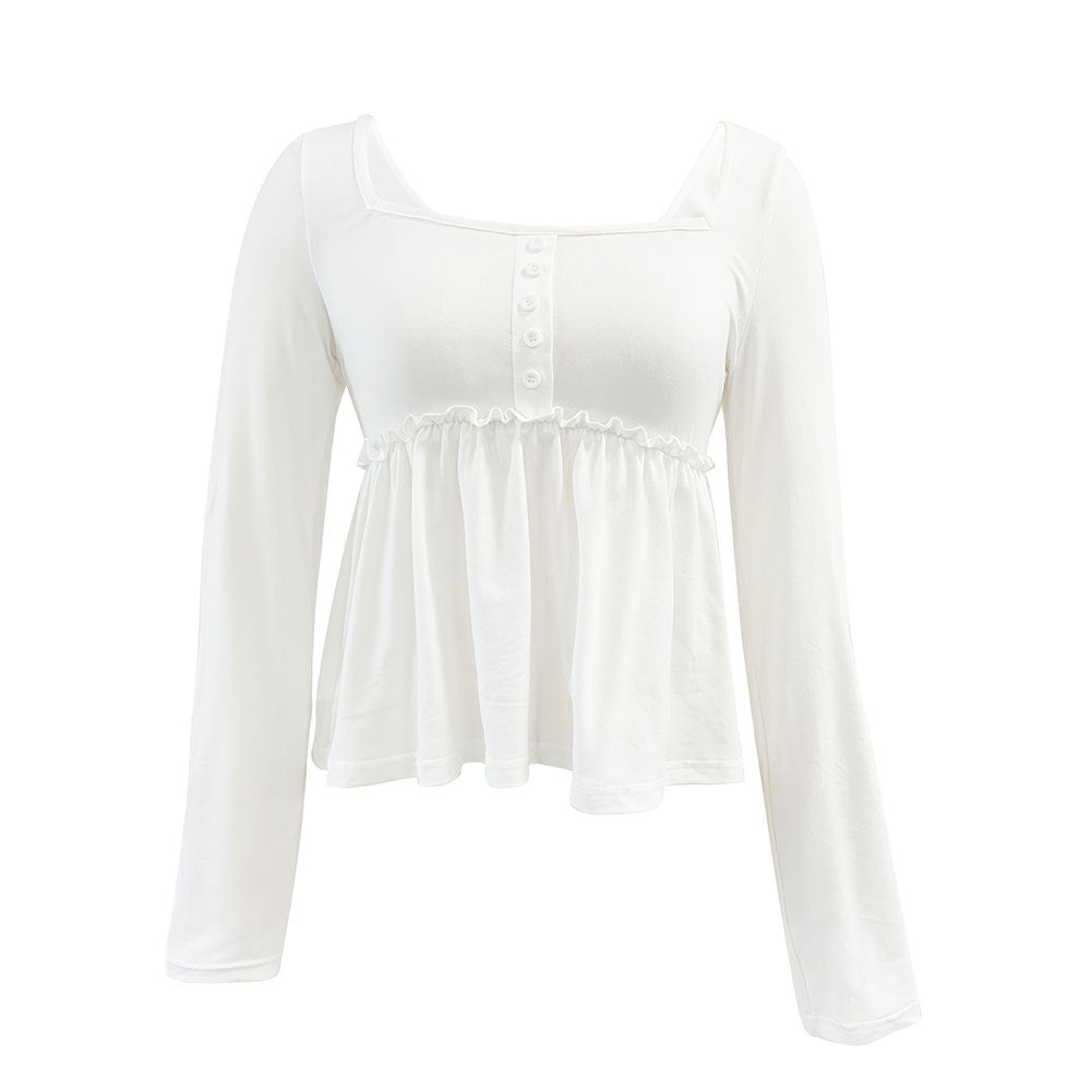 Damen gerafftes Peplum-Longsleeve mit quadratischem Ausschnitt und zierlicher Knopfleiste Shop Nory