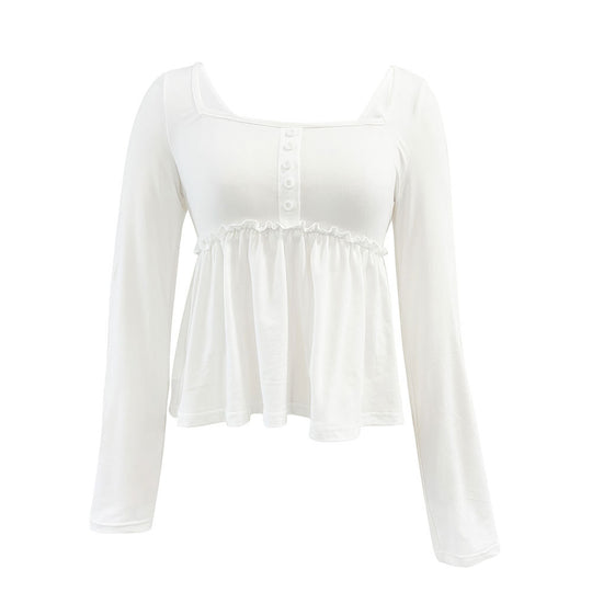Damen gerafftes Peplum-Longsleeve mit quadratischem Ausschnitt und zierlicher Knopfleiste Shop Nory