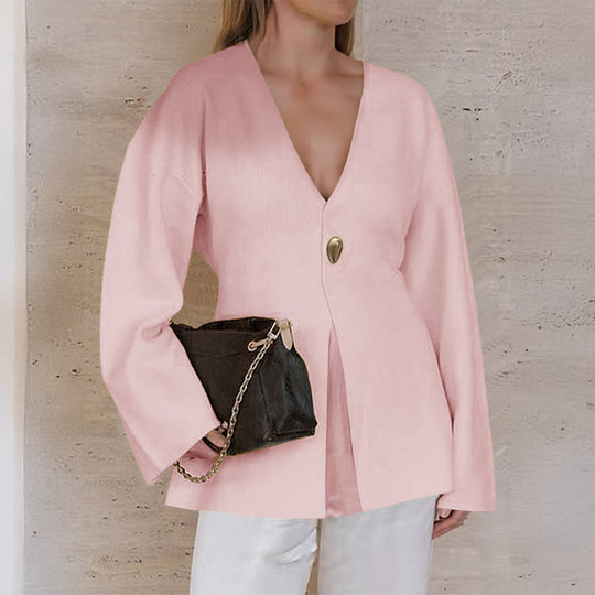 Damen nan taillierter Feinstrick-Cardigan mit V-Ausschnitt, Zierknopf und frontaler Schlitz Shop Nory