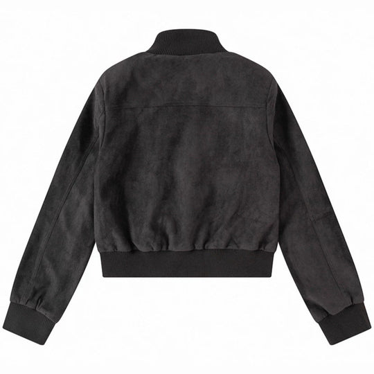 Damen Kurzgeschnittene Bomberjacke aus Veloursimitat mit Brustpatten und Reißverschlusstaschen Shop Nory