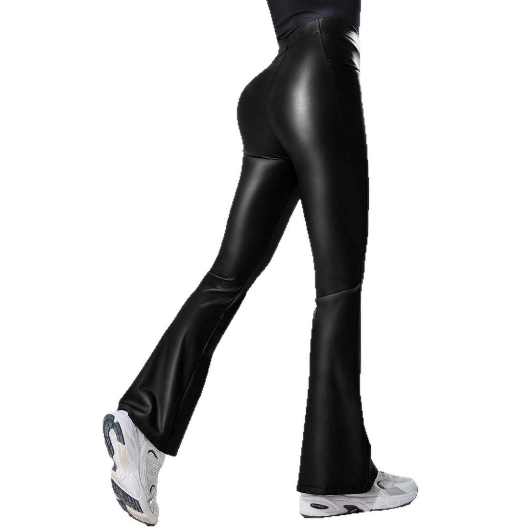 Damen Hochtaillierte Kunstleder-Flared-Leggings mit V-Seitentasche und figurformender Passform Shopy Nory