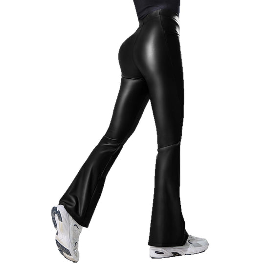 Damen Hochtaillierte Kunstleder-Flared-Leggings mit V-Seitentasche und figurformender Passform Shopy Nory