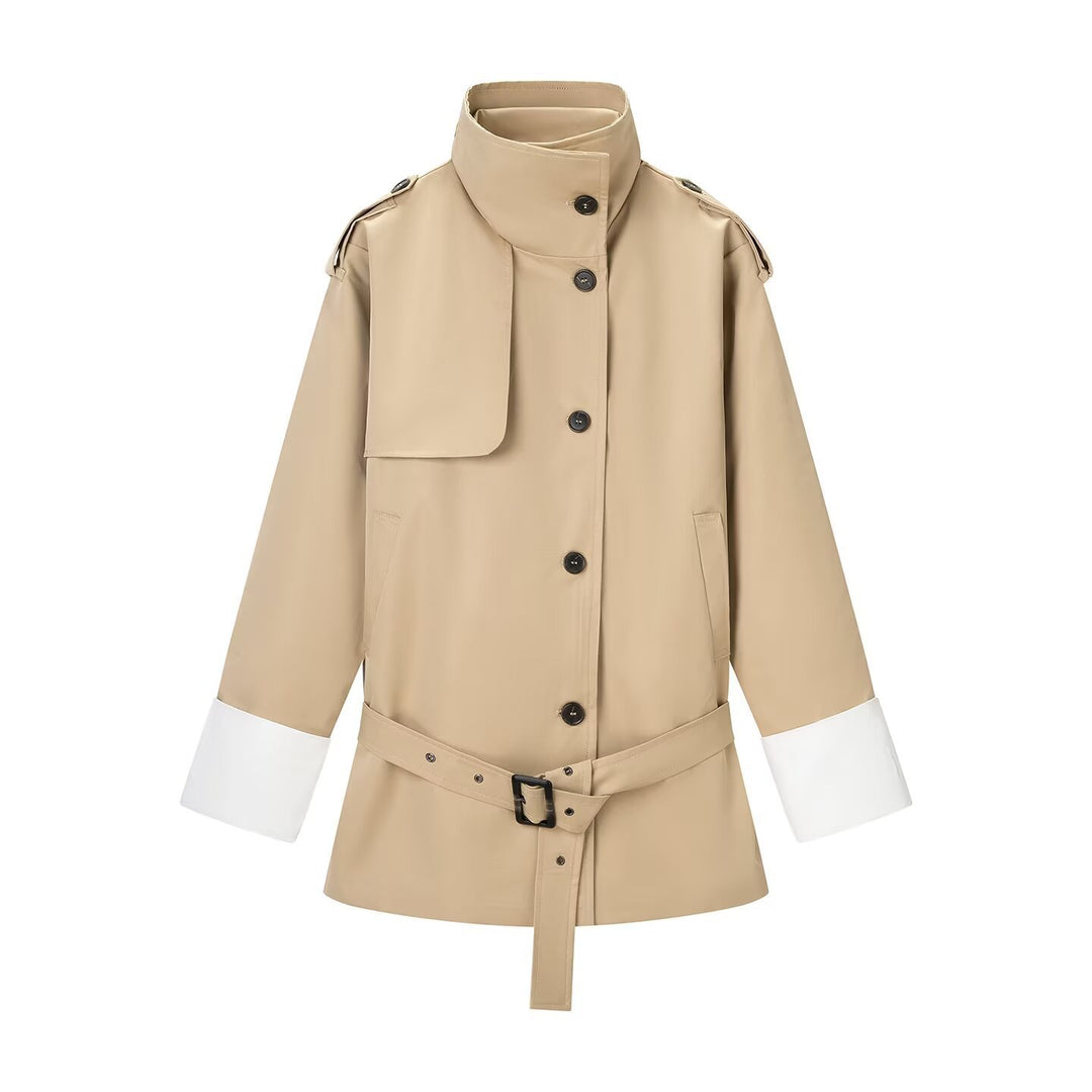 Damen Kurzer Trenchcoat mit Taillengürtel, Stehkragen und Kontrastmanschetten Shop Nory