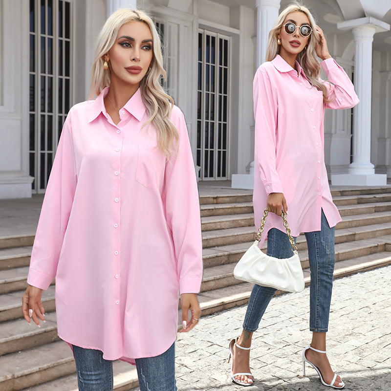 Damen Hemdblusenkleid mit praktischen Taschen und abgerundetem Saum