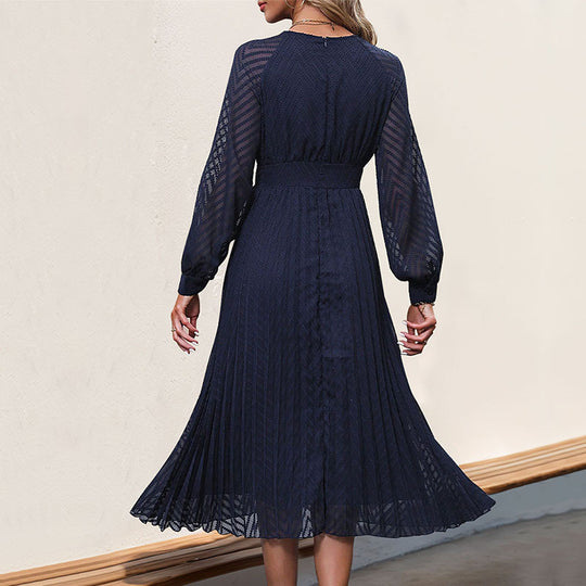 Damen Plissiertes Midikleid mit V-Ausschnitt, tailliertem Bund und transparenten Ballonärmeln Shop Nory