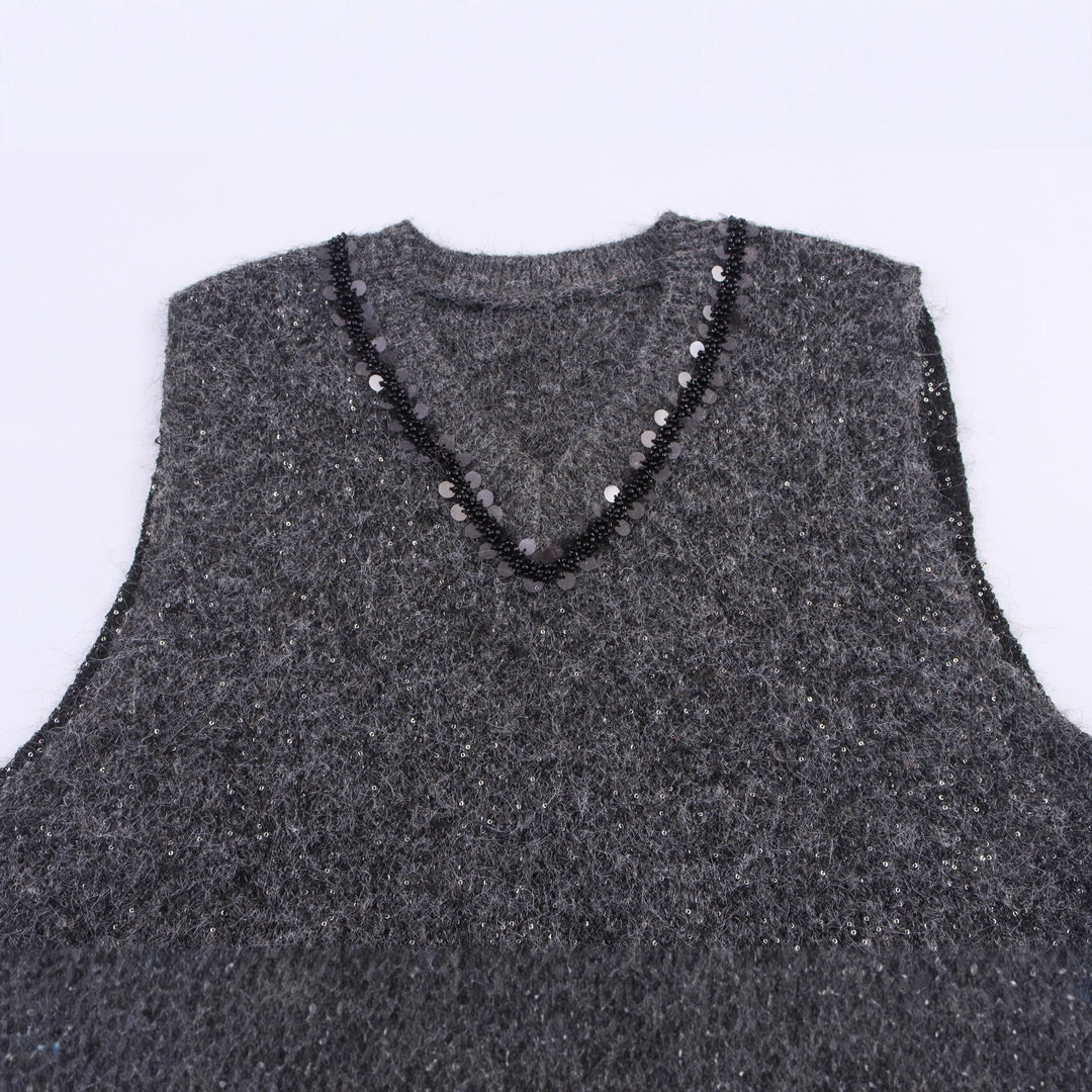 Damen Ärmellose Mohairoptik Strickweste mit V-Ausschnitt und Zierpailletten Shop Nory