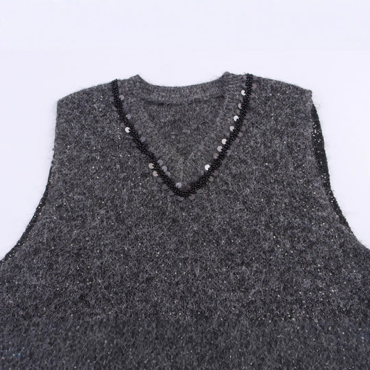 Damen Ärmellose Mohairoptik Strickweste mit V-Ausschnitt und Zierpailletten Shop Nory