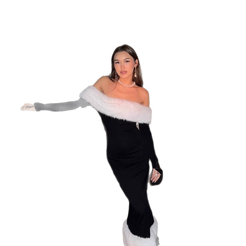 Damen figurbetontes Off-Shoulder-Midikleid mit Kunstpelzbesatz an Ausschnitt und Saum Shop Nory