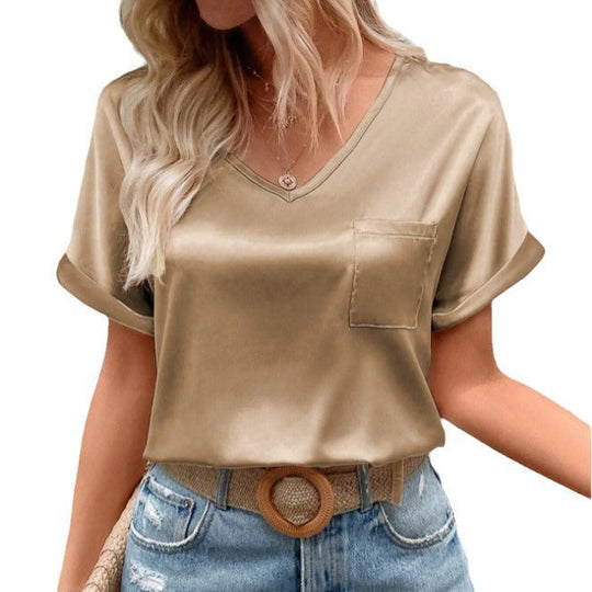 Damen Satin V-Ausschnitt T-Shirt mit Brusttasche und Lässigem Schnitt