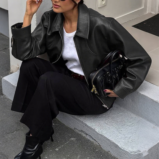 Damen nan kurze Oversize-Lederjacke mit Hemdkragen, sichtbarem Reißverschluss und lässiger Silhouette Shop Nory