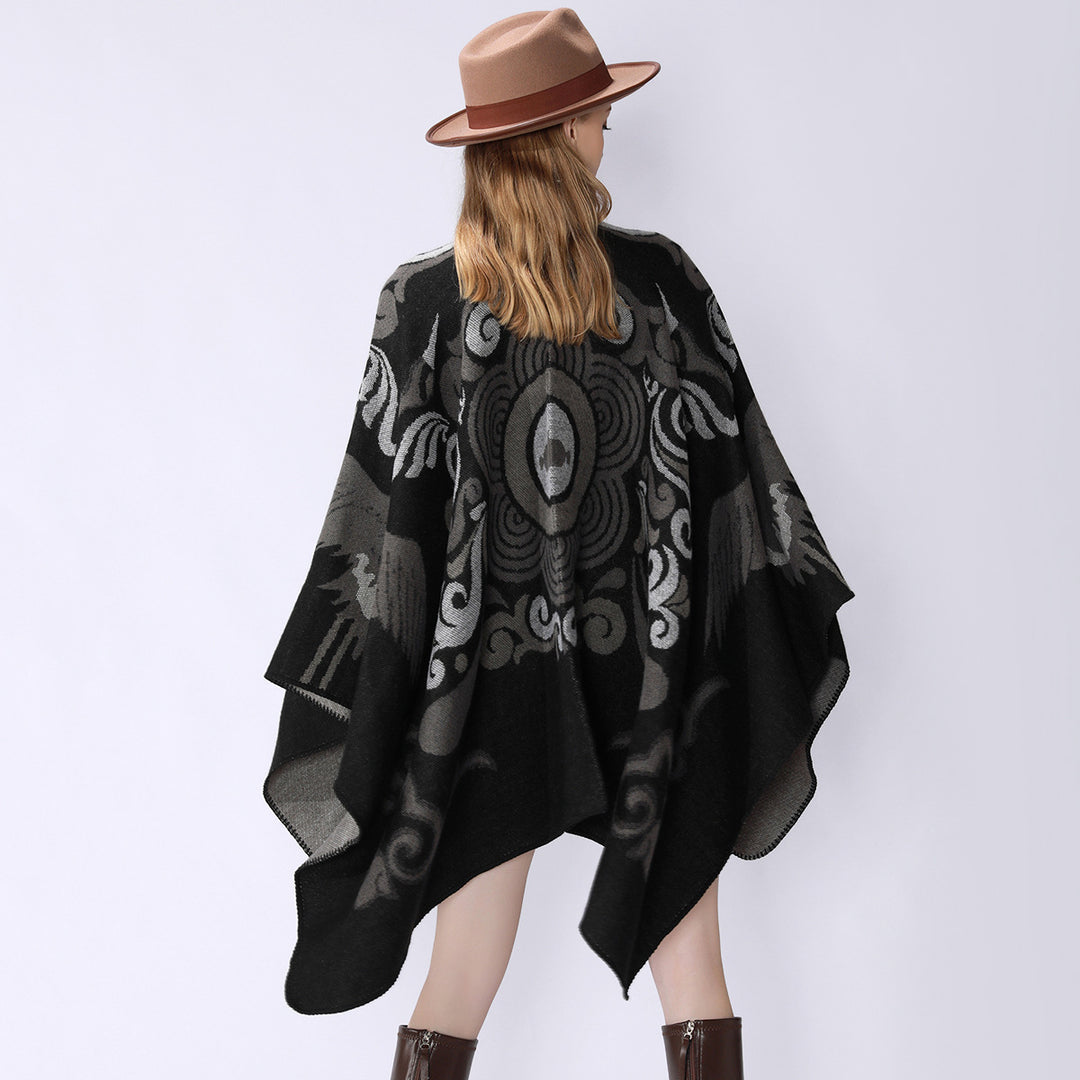 Damen Wollmix-Cape mit ornamentalem Jacquard, asymmetrischem Zipfel und weichfallendem Oversize-Fall Shop Nory