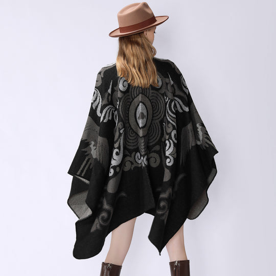 Damen Wollmix-Cape mit ornamentalem Jacquard, asymmetrischem Zipfel und weichfallendem Oversize-Fall Shop Nory
