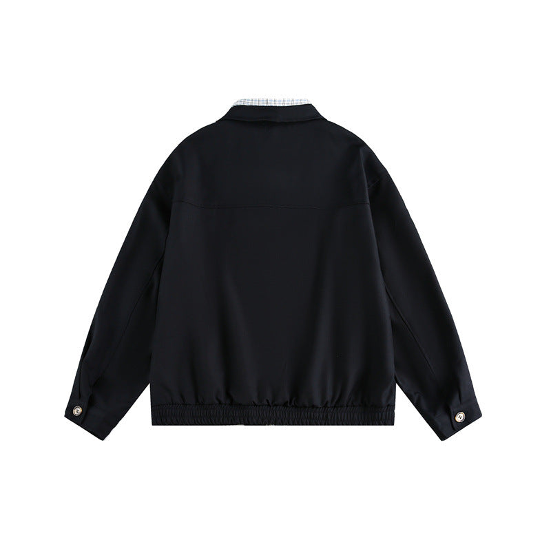 Unisex Boxy-Blousonjacke mit kontrastierender Reißverschlussleiste und kariertem Innenkragen Shop Nory