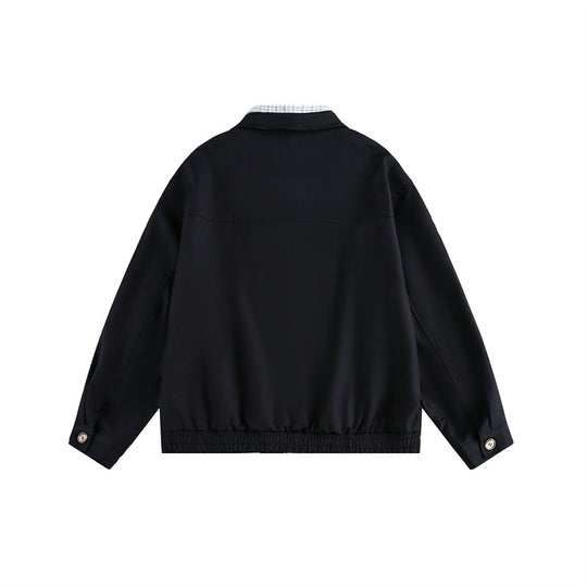 Unisex Boxy-Blousonjacke mit kontrastierender Reißverschlussleiste und kariertem Innenkragen Shop Nory