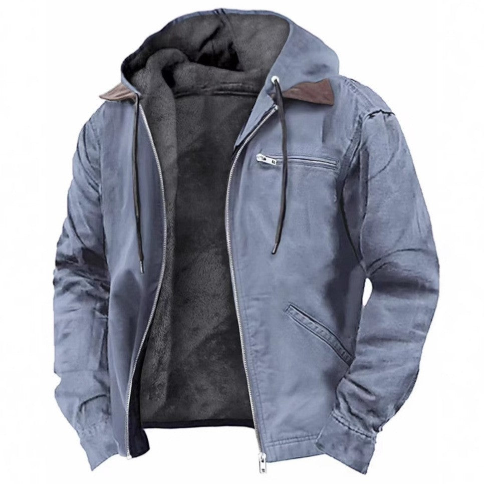 Herren Gefütterte Kapuzen-Lederjacke mit Teddyfutter und Brustreißverschlusstasche Shop Nory