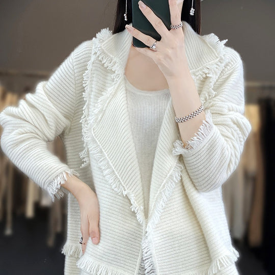 Damen Langer Fransen‑Strickcardigan mit großem Schalkragen und feiner Rippenstruktur Shop Nory