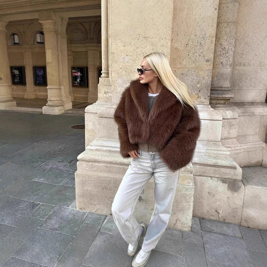 Damen Kurze Cropped Kunstpelzjacke mit voluminösem Schalkragen Shop Nory