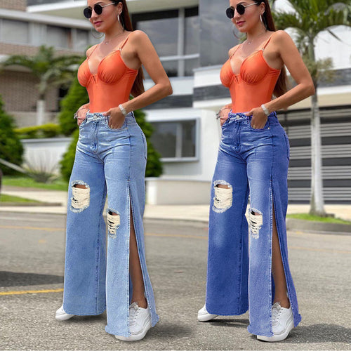 Damen Hochtaillierte Wide-Leg-Jeanshose mit Knie-Rissen und seitlichen Schlitzen Shop Nory