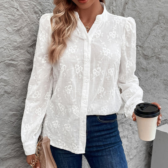 Damen Leichte bestickte Voile-Bluse mit Stehkragen und durchgehender Knopfleiste Shop Nory