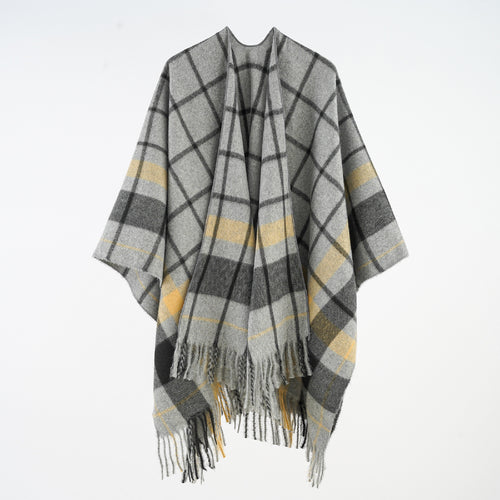 Damen Weicher Wollmix-Überwurfponcho im tartan-inspirierten Karo mit Fransen Shop Nory