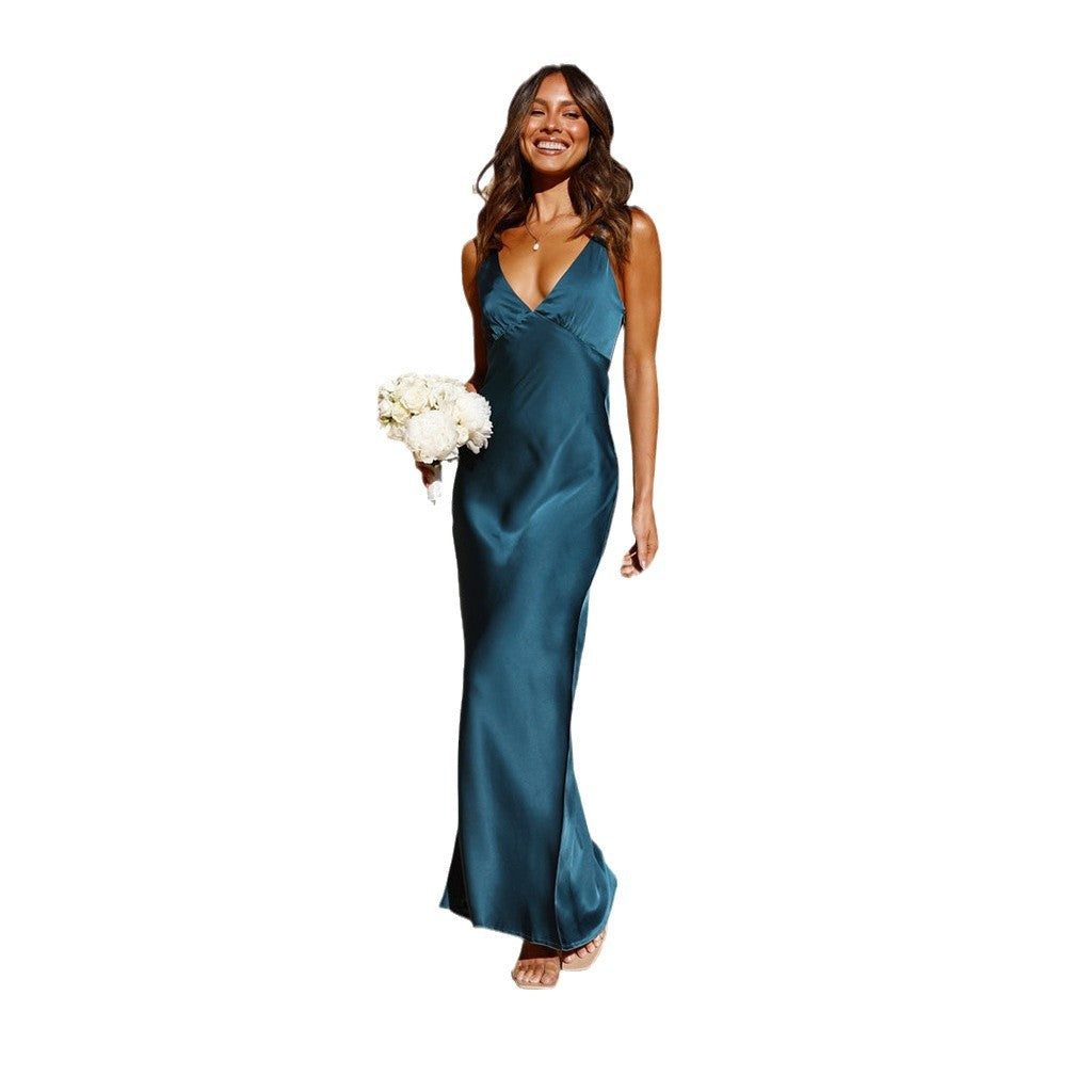 Damen Satin Maxikleid mit eleganter V-Form und fließendem Schnitt