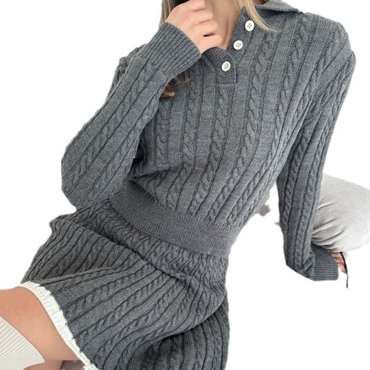 Damen gestricktes Zopfmuster-Polokragen-Set mit Button-Placket und A-Linien-Rock Shop Nory