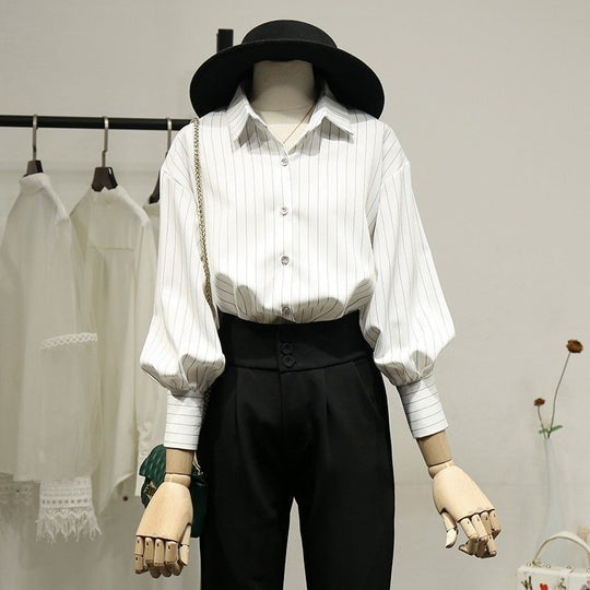 Damen Modische Bluse mit weitem Ärmel und Streifen Shop Nory