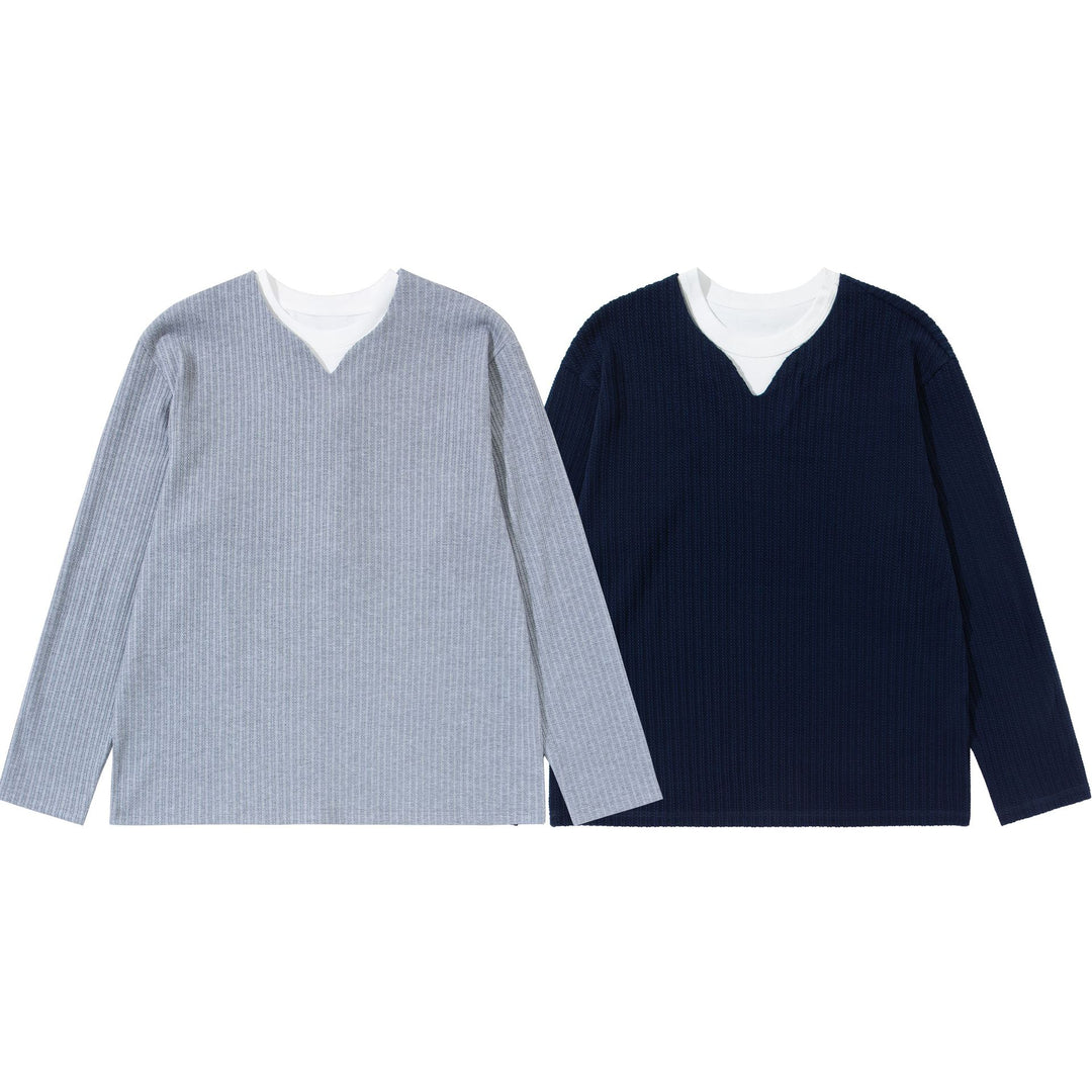 Unisex Gerippter Langarmpullover mit V-Notch und eingesetztem Rundhals-Underlayer Shop Nory